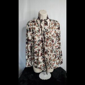 bp. Floral Semi Sheer Long Sleeve Tie Neck Blouse Size S V-Neck